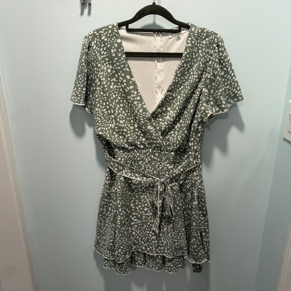 Emerald Sundae Mini Dress Sage Green 9 Boho Dalmatian Print Casual Summer